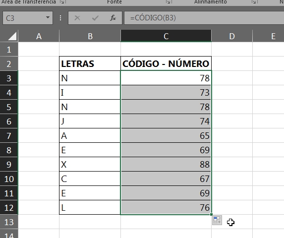 Função CÓDIGO no Excel, resultado da função código