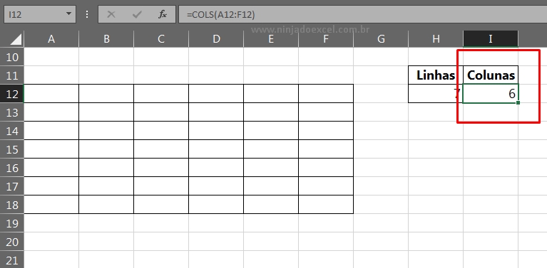 Função Lins e Cols no Excel, resultado da função cols