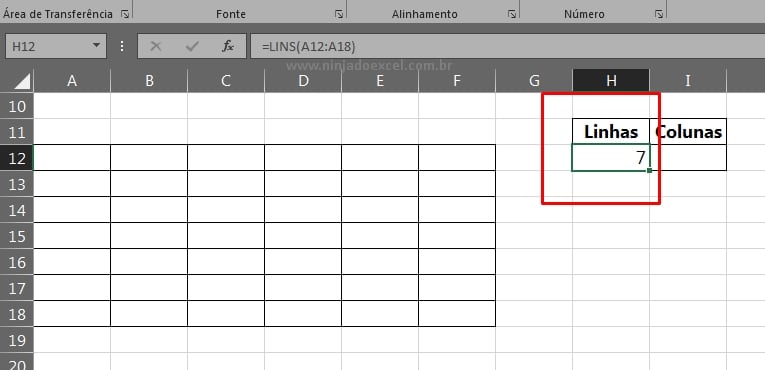 Função Lins e Cols no Excel, resultado da função lins