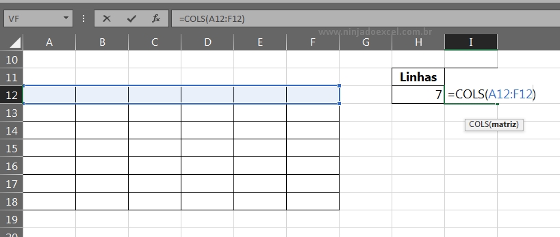 Função Lins e Cols no Excel, selecionando intervalo com a função cols