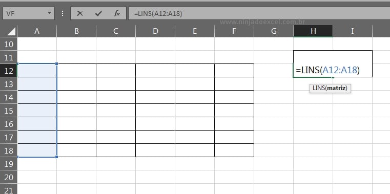 Função Lins e Cols no Excel, selecionando intervalo com a função lins