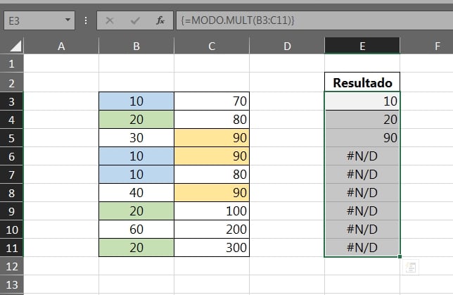 Função MODO.MULT no Excel, resultado em duas colunas