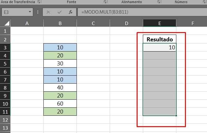 Função MODO.MULT no Excel, selecionando a função