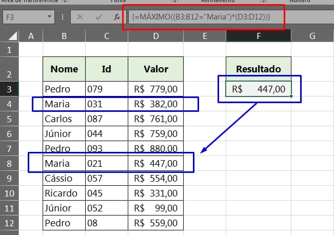 Função Máximo Completa no Excel, valor máximo do nome