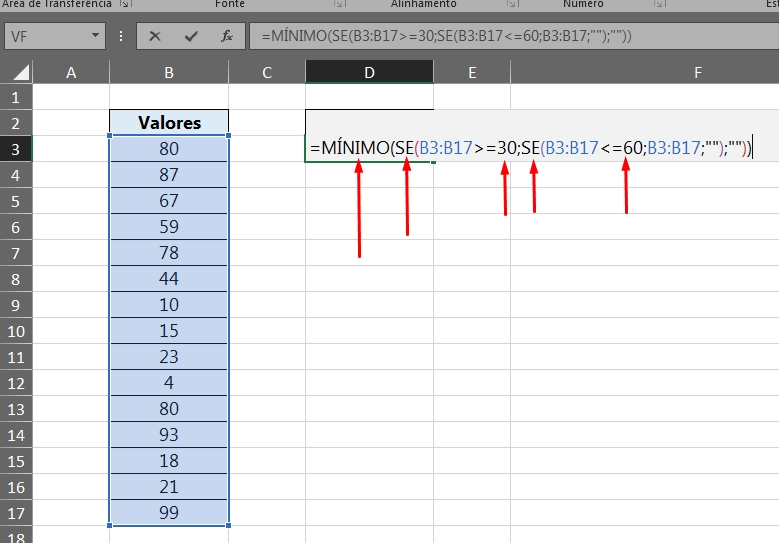 Função Mínimo Completa no Excel, menor valor entre