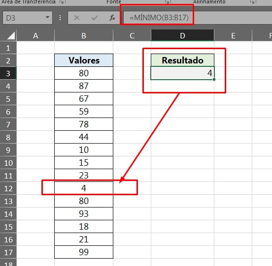 Função Mínimo Completa no Excel, resultado mínimo