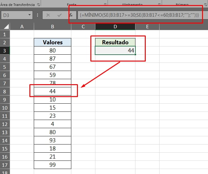 Função Mínimo Completa no Excel, resultado valor mínimo entre