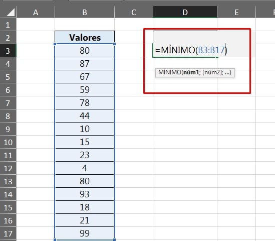 Função Mínimo Completa no Excel, valor mínimo
