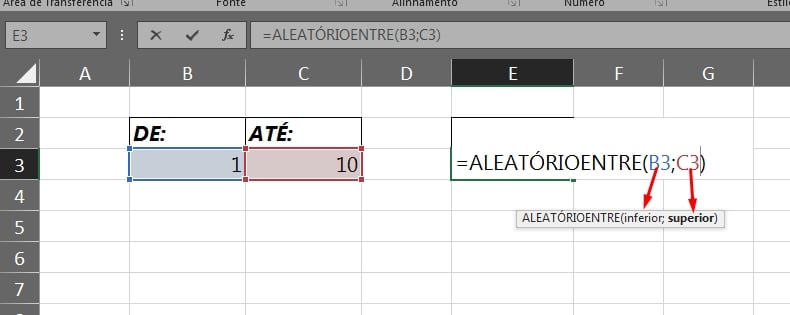 Funções Aleatório e Aleatórioentre no Excel, número inicial e final