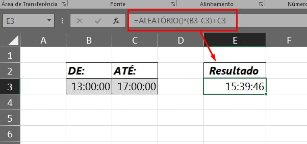 Funções Aleatório e Aleatórioentre no Excel, resultado das horas aleatórias