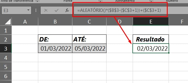 Funções Aleatório e Aleatórioentre no Excel, resultado em datas