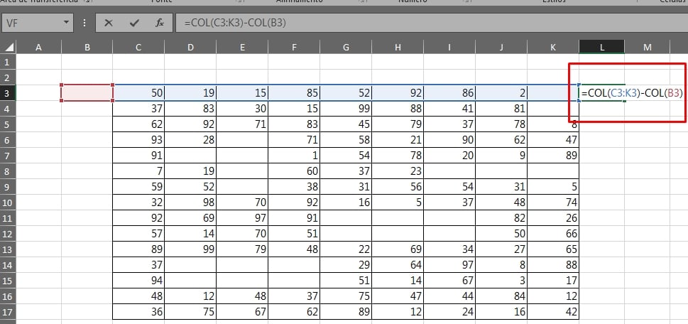 Linhas e Colunas no Excel, função col