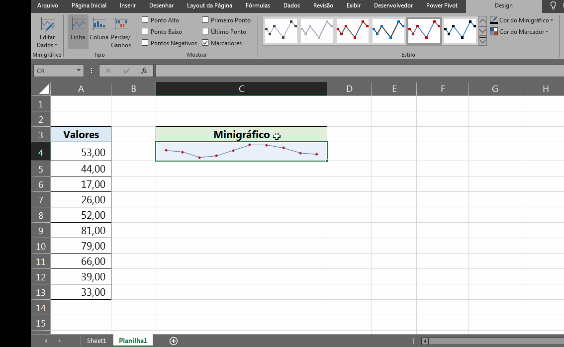 Linhas ou Colunas Ocultas no Minigráfico no Excel, editar dados do minigráficos
