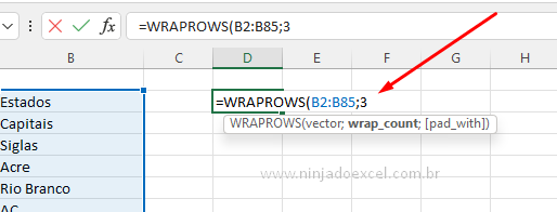 Linhas para as Funções WRAPROWS e WRAPCOLS no Excel