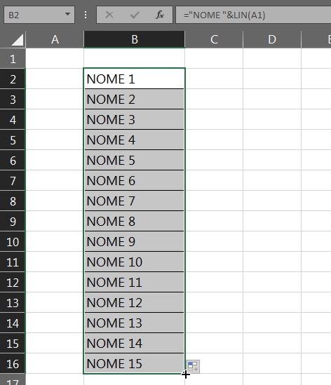 Lista Numerada Com Textos no Excel, resultado da função lin