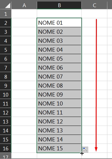 Lista Numerada Com Textos no Excel, resultado do autopreenchimento