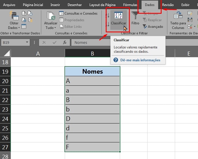 Maiúsculas e Minúscula na Classificação no Excel, ferramenta classificar