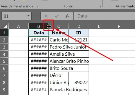 Organizar Colunas no Excel, borda da coluna