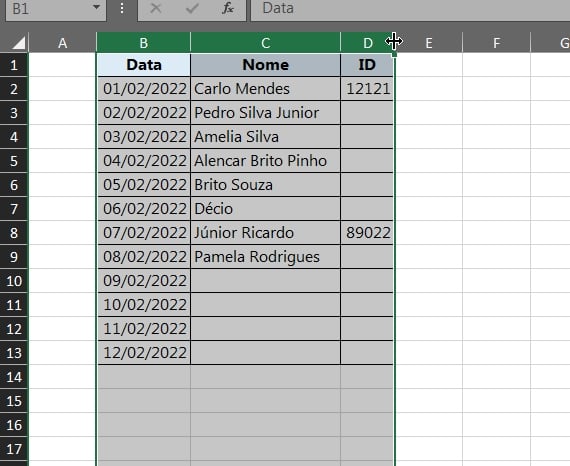 Organizar Colunas no Excel, colunas ajustadas