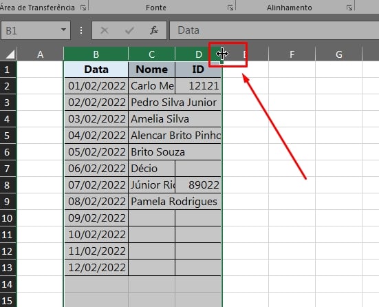 Organizar Colunas no Excel, ultima coluna