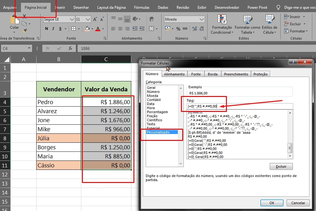 Personalizada Para Eliminar Zeros no Excel, fórmulas da formatação personalizada