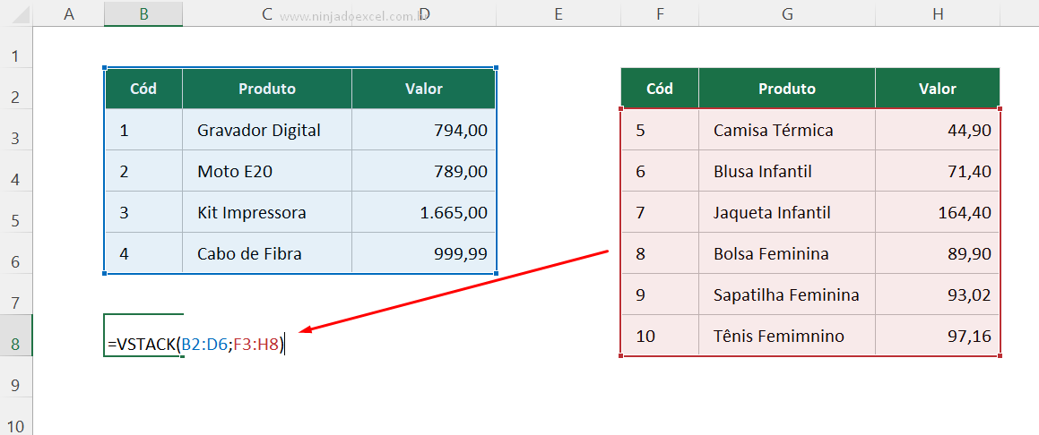 Segunda matriz para Funções VSTACK E HSTACK no Excel