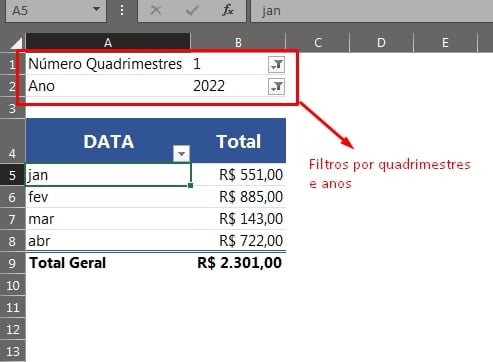 Tabela Dinâmica Por Quadrimestres no Excel, tabela dinâmica por filtros