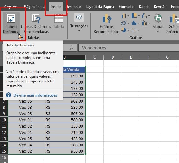Tabelas de Vendas Em Colunas no Excel, criando tabela dinâmica