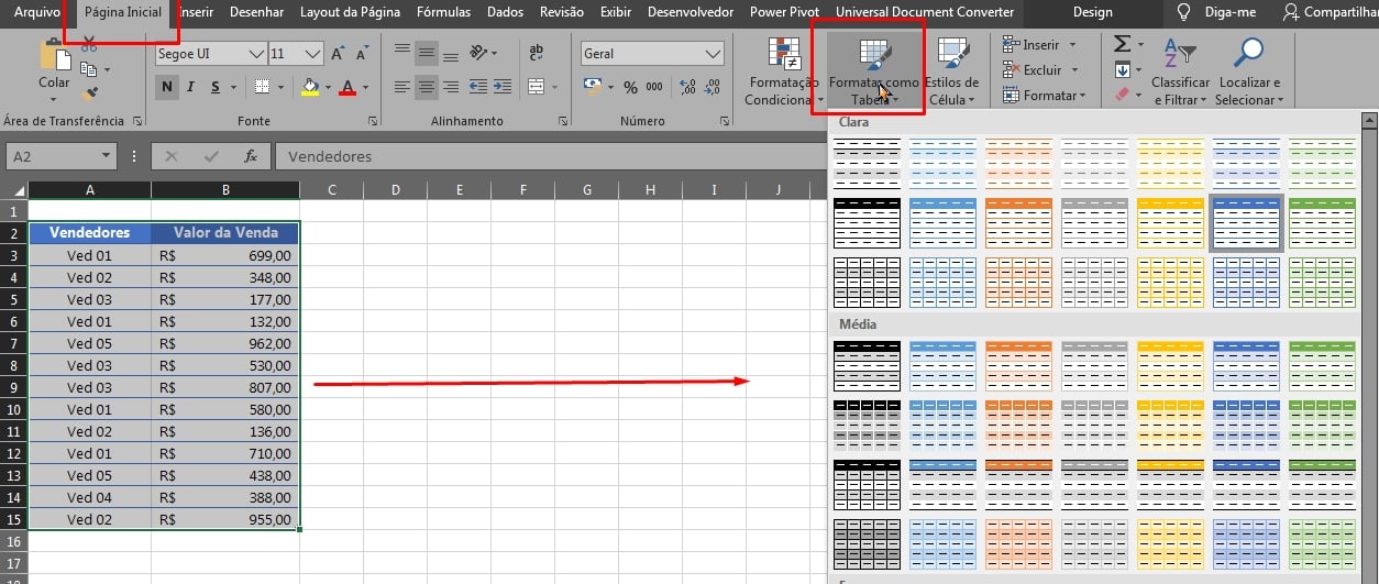 Tabelas de Vendas Em Colunas no Excel, formatar como tabela