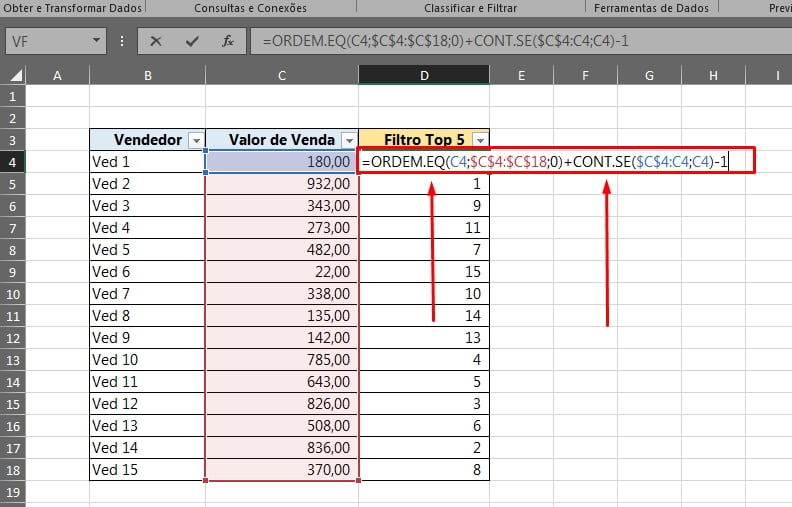Top 5 Com Filtro no Excel, função ordem.eq e cont.se