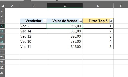 Top 5 Com Filtro no Excel, resultado top 5