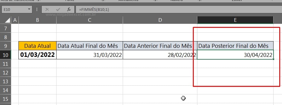 Usar a Função FIMMÊS no Excel, resultado do final do mês posterior