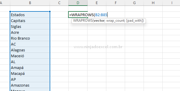 Vetor para as Funções WRAPROWS e WRAPCOLS no Excel