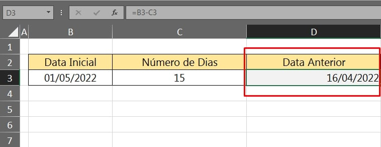 Calcular Dias Anteriores no Excel, data anterior