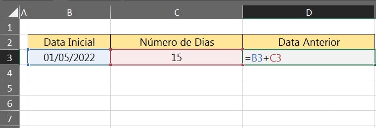 Calcular Dias Anteriores no Excel, soma de dias