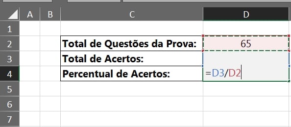 Calcular o Percentual de Acertos no Excel, divisão