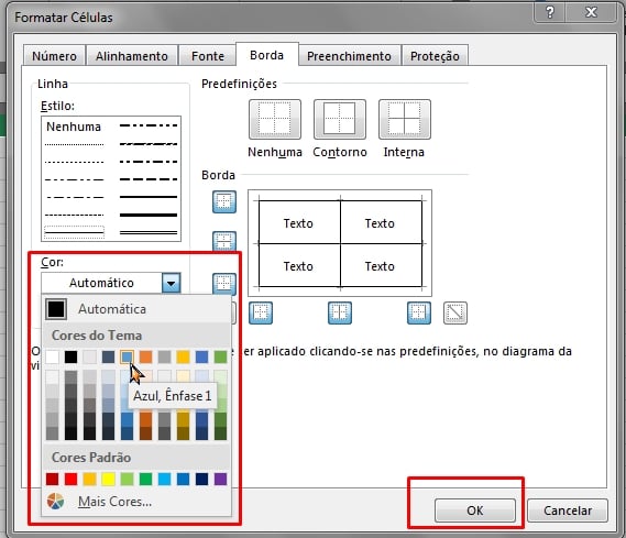 Cor Das Linhas de Grade no Excel, cor da borda