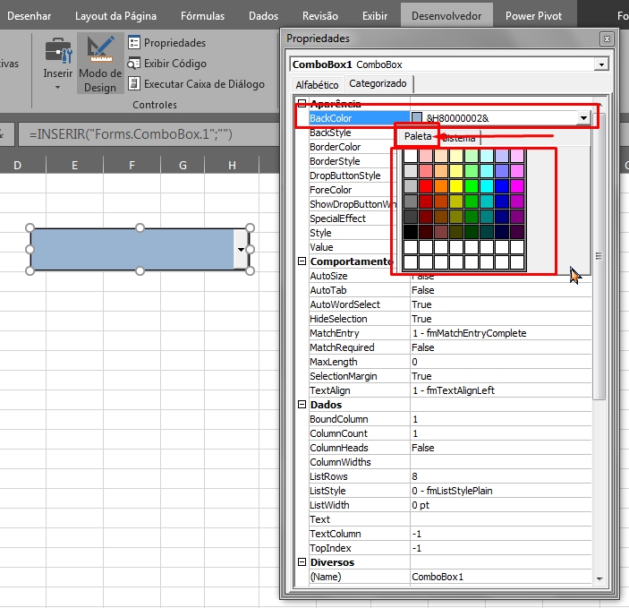 Cor de Fundo da Caixa de Combinação no Excel, paleta de cores