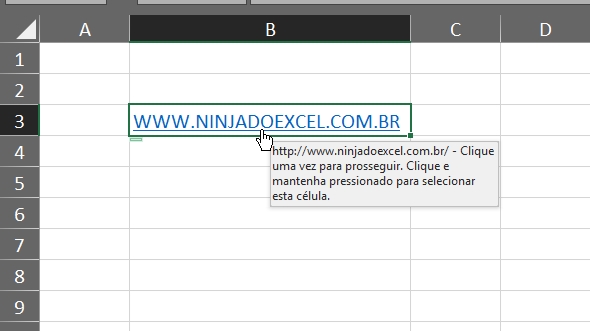 Dicas de Tela do Hiperlink no Excel, mensagem padrão