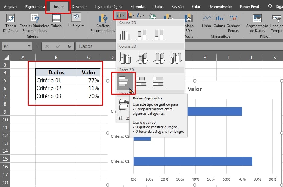 Eixo Invertido no Excel, barras agrupadas