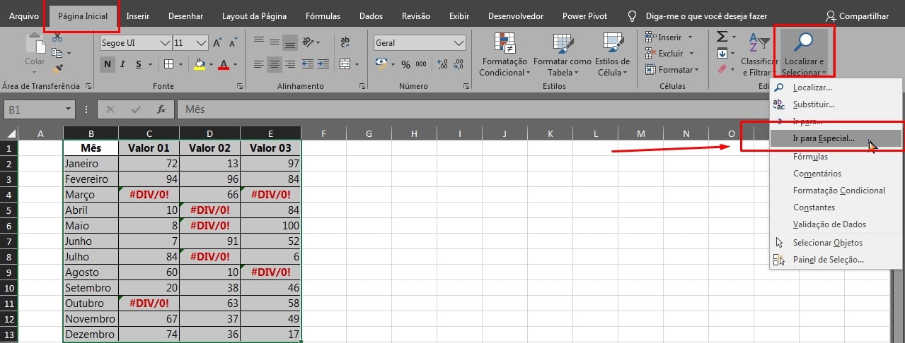 Erros em Tabelas no Excel, ir para especial