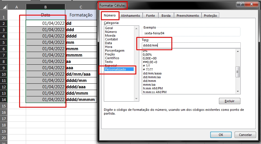 Formatações de Datas no Excel, formatação personalizada