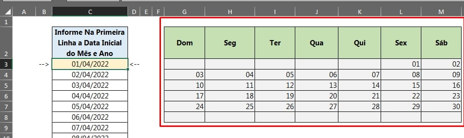 Fórmulas e Lista de Datas no Excel, calendário