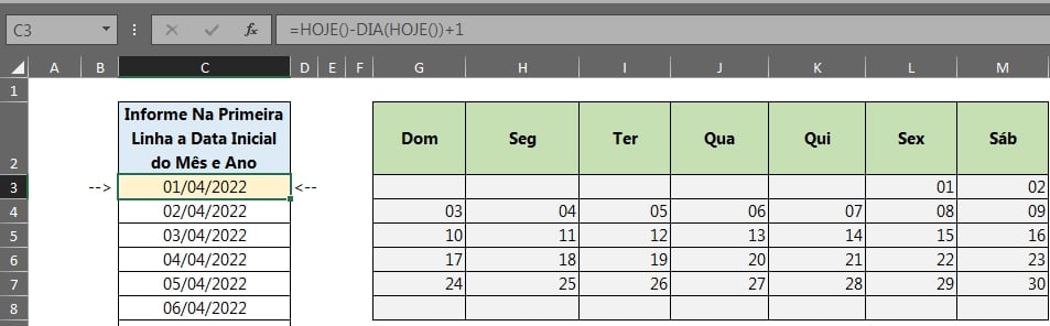 Fórmulas e Lista de Datas no Excel, resultado final