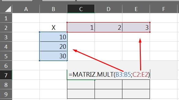 Função MATRIZ.MULT no Excel, usando matrizes