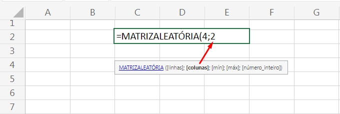Função MATRIZALEATÓRIA no Excel, colunas