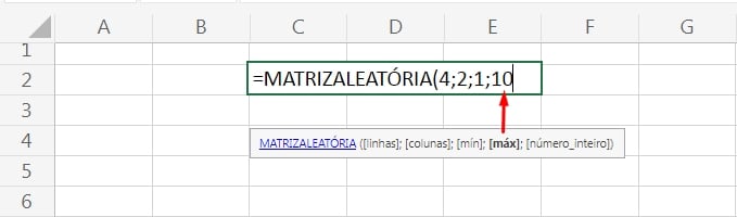 Função MATRIZALEATÓRIA no Excel, máximo