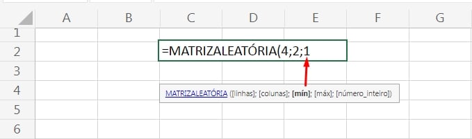 Função MATRIZALEATÓRIA no Excel, mínimo