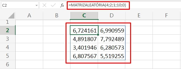 Função MATRIZALEATÓRIA no Excel, resultado com decimais