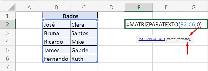 Função MATRIZPARATEXTO no Excel, formato